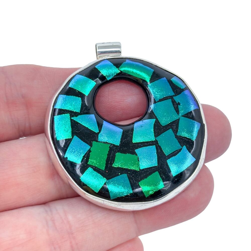 Vintage Sterling Silver 925 Green Black Dichroic Glass Mosaic Pendant